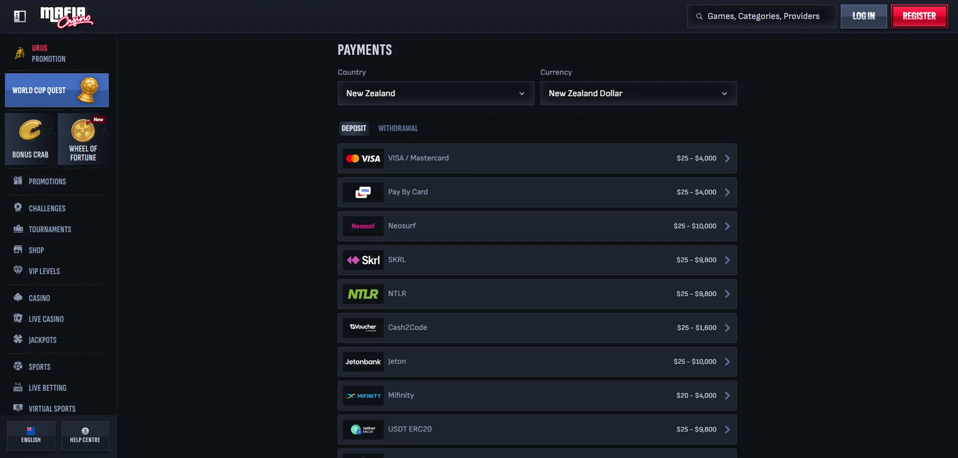 Mafia Casino NZ payment methods &mdash; fast NZD deposits and withdrawals