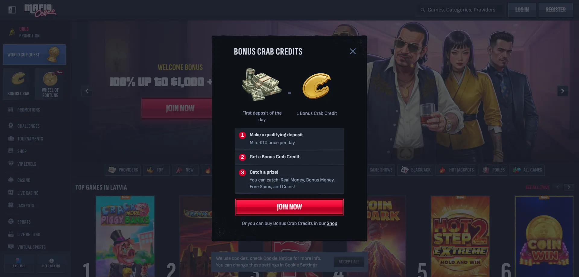 Mafia Casino NZ welcome bonus &mdash; 250% up to $4000 plus free spins