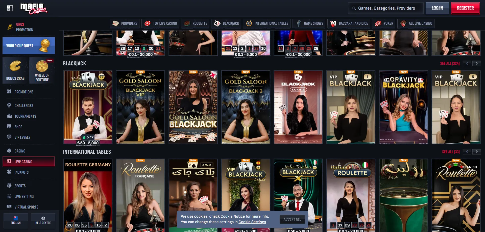 Mafia Casino NZ live casino &mdash; Evolution Gaming dealer tables in HD